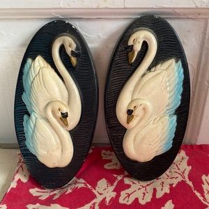 1965 Vintage Miller Art Studio Double Swan Chalk Ware Wall Plaques